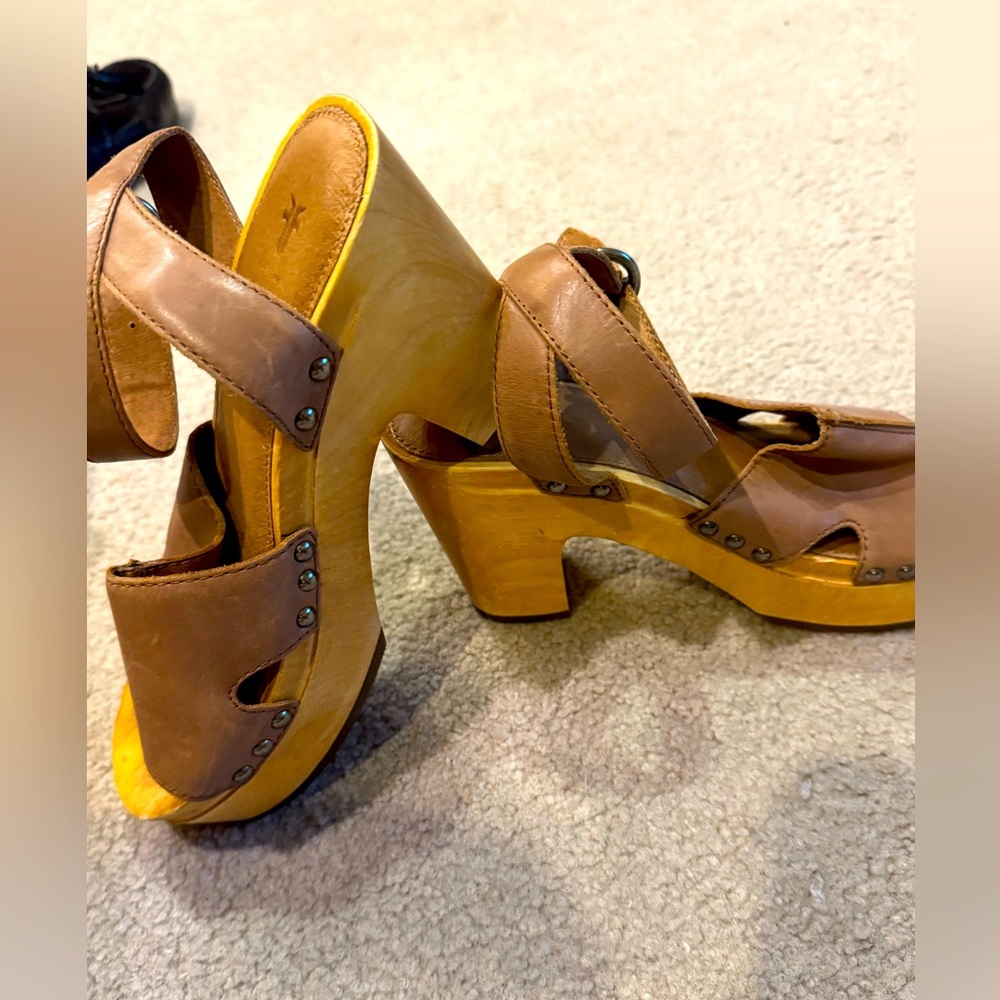 Frye heels with tan leather and ankle straps